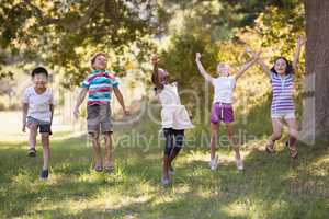 Friends jumping on grassy field in forest