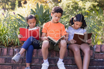 Group of friends reading books while sitting on retaining wall at natural parkland