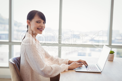 Portrait of smiling executive using laptop at desk