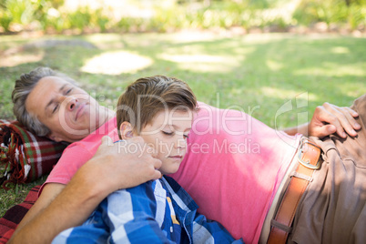 Father and son sleeping on picnic blanket in park