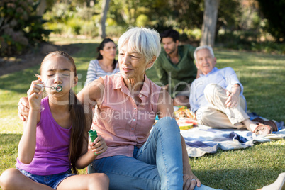 Grand mother looking at her granddaughter blowing bubbles in the park