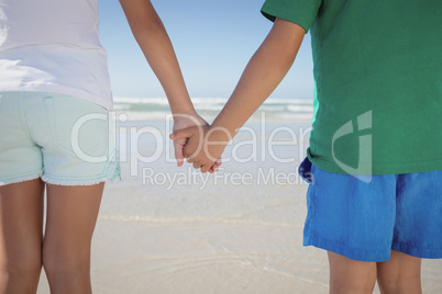 Mid section of siblings holding hands at beach