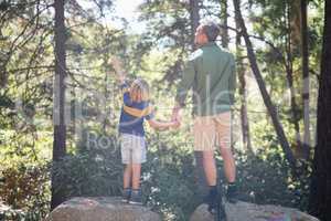 Boy pointing way while standing with father in forest