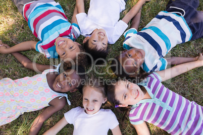 Smiling friends lying on grassy field in forest