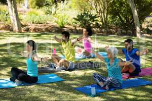 Group of people performing yoga in the park