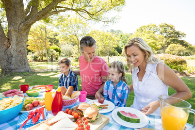Happy family having meal in park