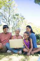 Family using laptop in the park