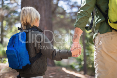 Father and son holding hands while hiking in forest