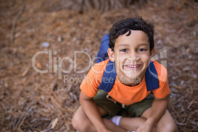 High angle portrait of boy sitting in forest