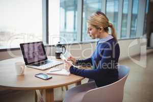 Executive using digital tablet at table