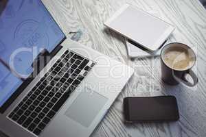 Various technologies with coffee cup on table in office