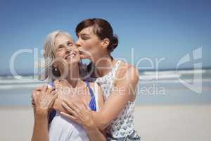 Young woman kissing her mother at beach