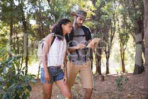 Couple using digital tablet in forest