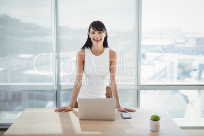 Portrait of beautiful smiling executive standing at desk