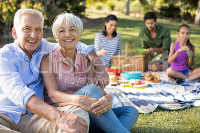 Portrait of happy senior couple sitting in the park