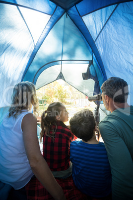 Rear view of family sitting in the tent