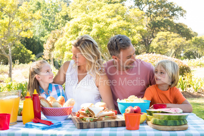 Happy family interacting with each other while having meal in park