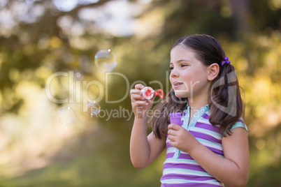 Little girl playing with bubble wand on sunny day