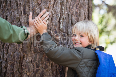 Smiling son with father father touching tree trunk in forest