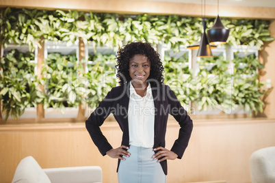 Portrait of smiling executive standing with hands on hip