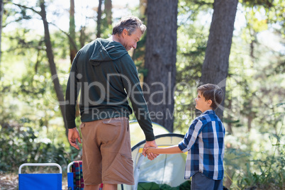 Father and son holding hands while hiking in forest