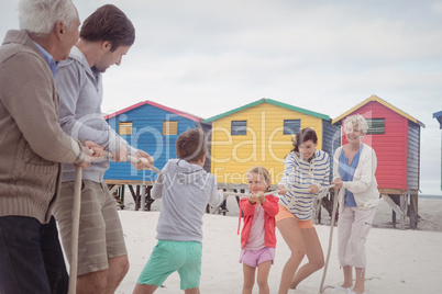 Family playing tug of war at beach