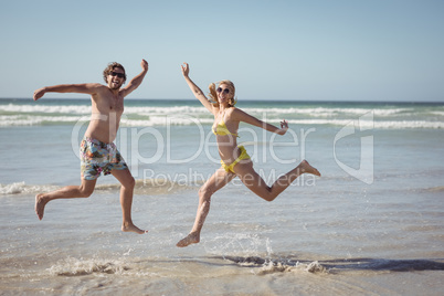 Cheerful couple jumping on shore at beach