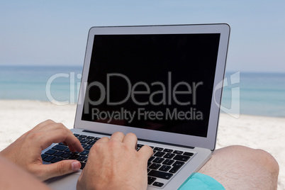 Man using laptop while resting at beach
