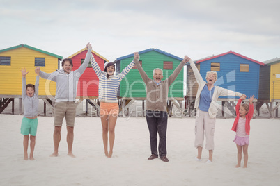 Portrait of cheerful multi-generation family holding hands at beach