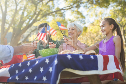 Family holding american flags while having meal in the park