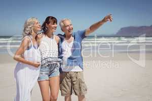Happy senior man pointing away while standing with family at beach