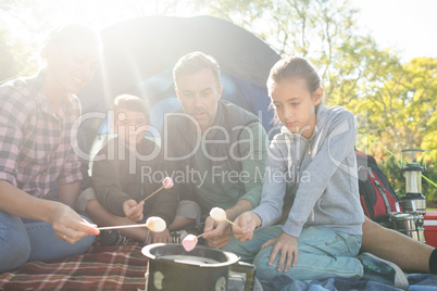 Family roasting marshmallows outside the tent