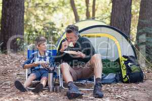 Father and son having sandwich in forest