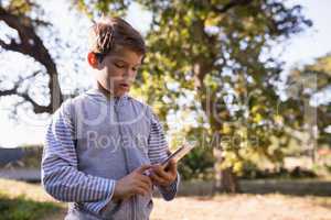 Little boy using mobile phone in forest