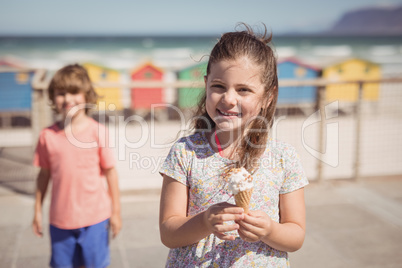 Portrait of smiling girl holding ice cream with brother in background
