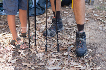 Low section of father and son with hiking poles in forest