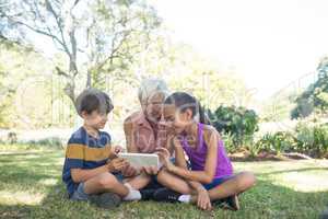Grandmother and grand kids using digital tablet in the park