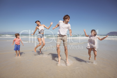 Cheerful family jumping on shore at beach