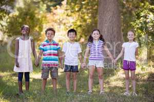 Friends holding hands while standing on grassy field in forest