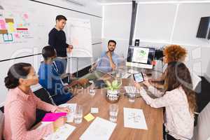 High angle view of creative business people discussing in meeting