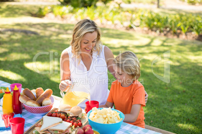 Happy mother and son having meal in park