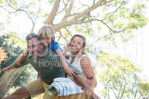 Family arriving in the park for picnic on a sunny day