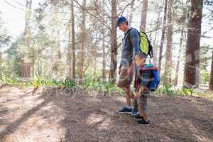 Side view of father and son hiking in forest