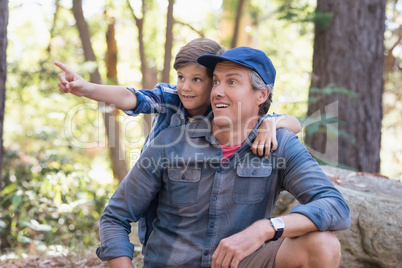 Curious boy showing something to father in forest