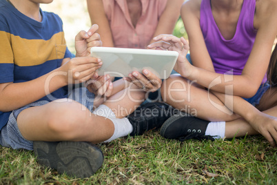 Grandmother and grand kids using digital tablet in the park