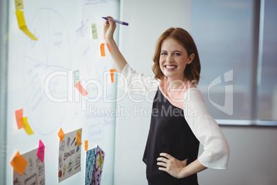 Portrait of smiling executive writing on sticky note
