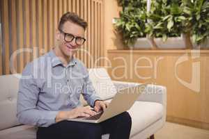 Portrait of smiling executive sitting on sofa and using laptop