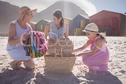 Happy multi-generation family by picnic basket at beach