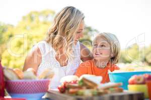 Mother and son interacting with each other while having meal in park