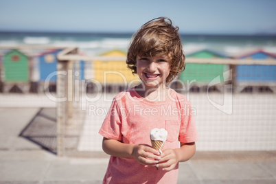 Portrait of smiling boy holding ice cream st beach